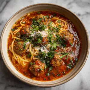 Spaghetti and Meatball Soup with Basil and oregano