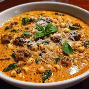 Creamy Tomato and Sausage Soup with basil