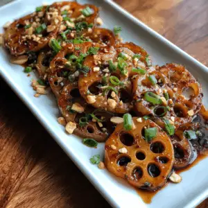 Crispy Stir Fried Lotus Root with Garlic Soy glaze