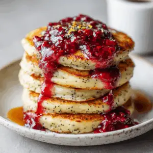 Fluffy Vegan Lemon Poppy Seed Pancakes with Berry compote