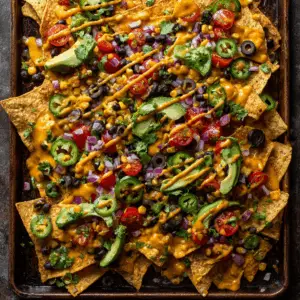 Fully Loaded Sheet Pan Vegan Nachos with Creamy Plant Based cheese