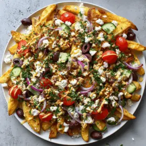 Greek Style Vegan Fries with Tofu Feta and olives