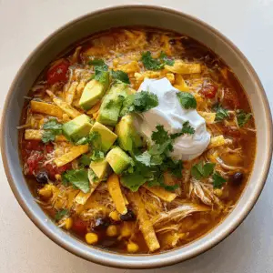 Hearty Chicken Tortilla Soup with Crispy Strips and avocado