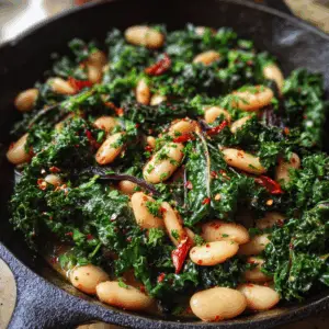 Hearty Red Russian Kale and White Bean skillet