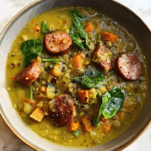 Hearty Split Pea Soup with Kielbasa and Sweet potatoes