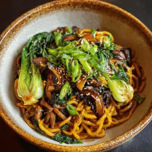 Korean-Style Garlic Noodles with Shiitake and Bok choy
