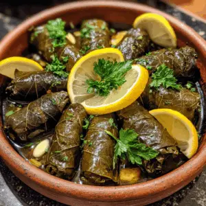 Lebanese Stuffed Grape Leaves with Spiced Lamb and rice