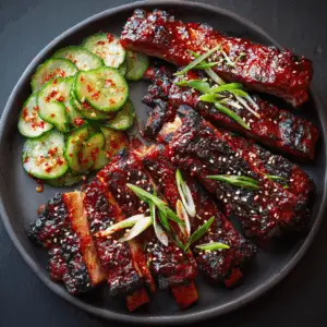 Spicy Korean Gochujang Grilled Ribs with Pickled cucumber