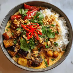 Spicy Vegan Massaman Curry with Eggplant and mushrooms