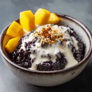 Thai Black Sticky Rice Pudding with Pandan and coconut