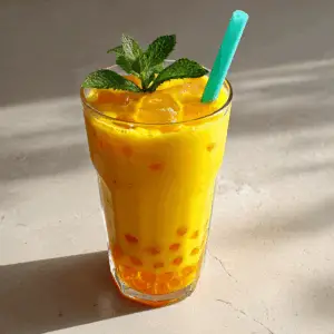 Vegan Mango Bubble Tea with Popping Pearls and mint