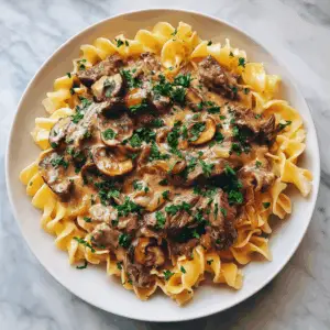 Creamy Russian Style Stroganoff with Egg Noodles and Caramelized Onion