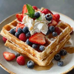 Crispy Vegan Sourdough Waffles with Maple Syrup and berries