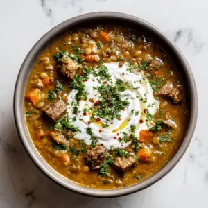 Greek Lamb and Lentil Soup with Minted Yogurt swirl