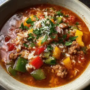 Hearty Crockpot Stuffed Pepper Soup with Italian sausage