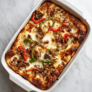 Philly Cheese Steak Casserole Bake with Peppers and onions