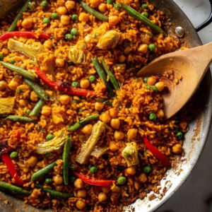 Spanish Vegan Paella with Chickpeas and Artichoke Hearts