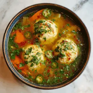 Spicy Matzo Ball Soup with Jalapeño and cilantro