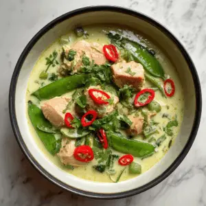 Thai Green Curry Salmon with Snow Peas and Bell pepper