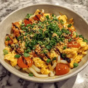 Tomato Egg Udon Noodle Bowl with Sesame drizzle