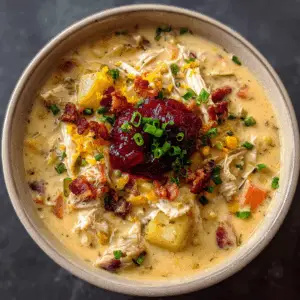 Turkey Corn Chowder with Cranberry garnish