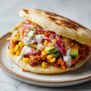 Vegan Arepas with Chorizo Spiced Tempeh and corn