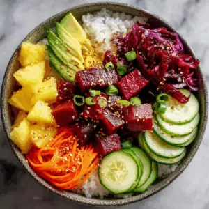 Vibrant Vegan Ahi Poke Bowl with Beets and pineapple