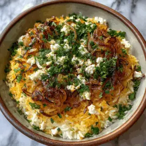 Warm Persian Rice Bowl with Caramelized Onion and feta