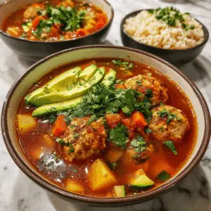 Chicken Albondigas Soup with Mexican Rice and avocado
