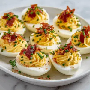 Deviled Eggs with Crispy Prosciutto and chives