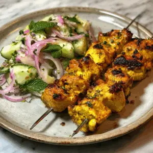 Saffron Chicken Kebabs with Moroccan Cucumber salad