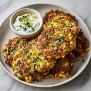 Golden Corn and Zucchini Fritters with Creamy Yogurt dip