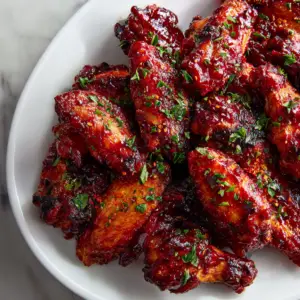 Glazed chicken wings garnished with herbs