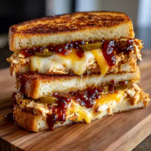 Sticky BBQ Chicken Grilled Cheese with Cheddar and jalapeños