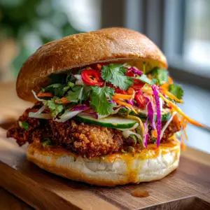 Thai Curry Fried Chicken Sandwich with Pickled veggies