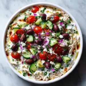 Greek Chicken Dip with Tzatziki and olives